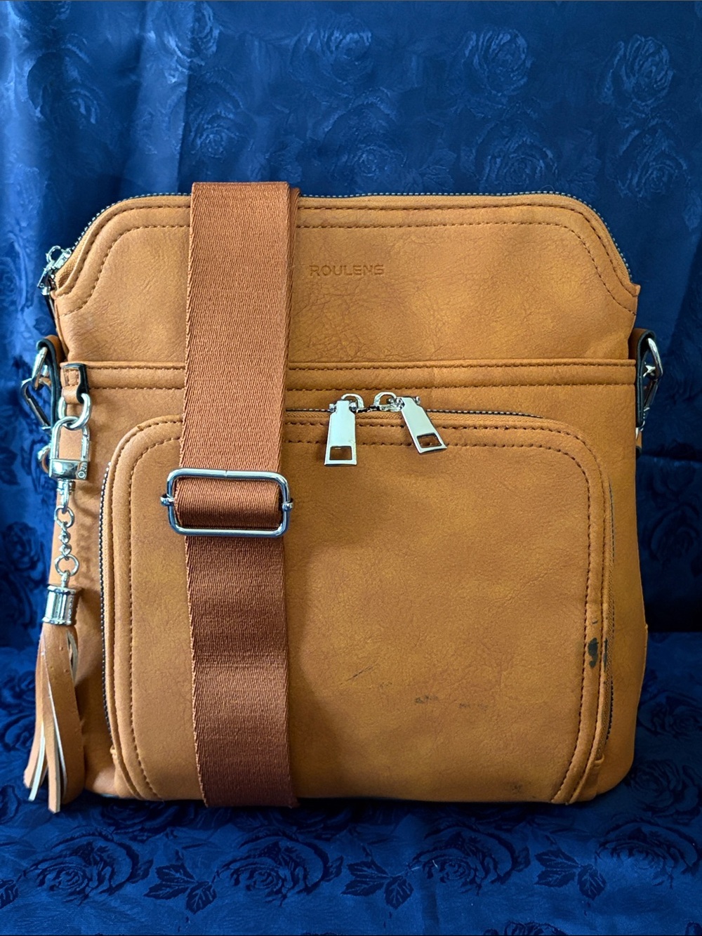 Roulens Soft Vegan Leather Lightweight Crossbody Bag with Tassel ~ Cognac Brown